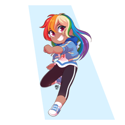 Size: 2048x2048 | Tagged: safe, artist:applesartt, imported from derpibooru, rainbow dash, human, abstract background, chibi, clothes, converse, dark skin, grin, high res, humanized, jacket, looking at you, moderate dark skin, shoes, smiling, smiling at you, sneakers, solo, teeth