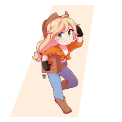 Size: 2048x2048 | Tagged: safe, artist:applesartt, imported from derpibooru, applejack, human, abstract background, applejack's hat, blushing, boots, chibi, clothes, cowboy hat, denim, female, hat, high res, holding, humanized, jeans, looking at you, pale skin, pants, shoes, smiling, smiling at you, solo