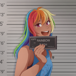 Size: 2048x2048 | Tagged: safe, artist:applesartt, imported from derpibooru, rainbow dash, human, barbie, barbie (film), barbie mugshot meme, blushing, clothes, cute, dark skin, dashabetes, female, high res, humanized, jail, looking at you, meme, mugshot, open mouth, open smile, smiling, smiling at you, solo, sports bra, tanktop