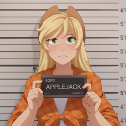 Size: 2048x2048 | Tagged: safe, artist:applesartt, imported from derpibooru, applejack, human, applejack's hat, barbie, barbie (film), barbie mugshot meme, blushing, clothes, cowboy hat, cute, female, flannel, freckles, gritted teeth, hat, high res, humanized, jackabetes, jail, looking at you, meme, mugshot, nervous, solo, tanktop, teeth, worried