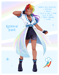 Size: 1606x2048 | Tagged: safe, artist:applesartt, imported from derpibooru, rainbow dash, human, clothes, dark skin, female, humanized, idol, looking at you, music notes, smiling, smiling at you, solo, tomboy