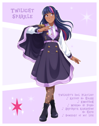 Size: 1606x2048 | Tagged: safe, artist:applesartt, imported from derpibooru, twilight sparkle, human, clothes, dark skin, female, humanized, idol, looking at you, smiling, smiling at you, solo