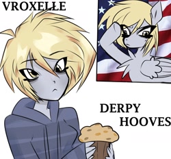 Size: 1400x1300 | Tagged: safe, artist:vroxelle, imported from derpibooru, derpy hooves, human, pegasus, pony, american flag, clothes, digital art, female, food, hoodie, humanized, mare, muffin, raised hoof, salute, self paradox, short hair, simple background, white background