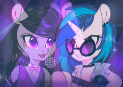 Size: 3508x2480 | Tagged: safe, artist:auroracursed, imported from derpibooru, dj pon-3, octavia melody, vinyl scratch, earth pony, semi-anthro, unicorn, bowtie, duo, duo female, electric guitar, female, guitar, horn, mare, microphone, musical instrument, octavia's bowtie, open mouth, vinyl's glasses