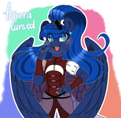 Size: 2101x2038 | Tagged: safe, artist:auroracursed, imported from derpibooru, princess luna, alicorn, anthro, blushing, clothes, eye clipping through hair, female, horn, looking at you, open mouth, open smile, smiling, smiling at you, solo, wings