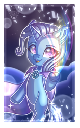 Size: 614x980 | Tagged: safe, artist:auroracursed, imported from derpibooru, trixie, pony, unicorn, bipedal, brooch, cape, clothes, female, horn, jewelry, looking at you, open mouth, open smile, rainbow, smiling, smiling at you, solo, sparkles, trixie's brooch, trixie's cape, underhoof