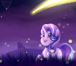 Size: 2646x2308 | Tagged: safe, artist:auroracursed, imported from derpibooru, starlight glimmer, pony, unicorn, female, horn, mare, night, night sky, open mouth, open smile, outdoors, shooting star, sky, smiling, solo, stars