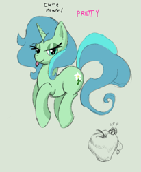 Size: 657x798 | Tagged: safe, artist:lillslim, imported from derpibooru, applejack, oc, oc:almond blossom, earth pony, pony, unicorn, apple, female, food, horn, looking at you, mare, sketch, tongue out