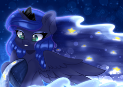 Size: 2104x1500 | Tagged: safe, artist:auroracursed, imported from derpibooru, princess luna, alicorn, pony, colored pupils, crown, cute, ethereal mane, female, heart, heart eyes, horn, jewelry, lunabetes, mare, regalia, smiling, solo, starry mane, wingding eyes, wings