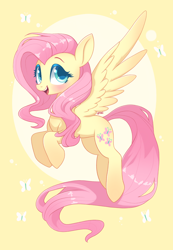 Size: 2648x3825 | Tagged: safe, artist:yangere, imported from derpibooru, fluttershy, pegasus, pony, abstract background, blushing, cute, duplication, female, flying, full body, mare, open mouth, open smile, shyabetes, smiling, solo, spread wings, wings