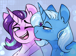 Size: 2422x1792 | Tagged: safe, artist:sunnysynopsis, imported from derpibooru, starlight glimmer, trixie, pony, unicorn, cheek kiss, duo, duo female, female, hatless, horn, kissing, lesbian, mare, missing accessory, multicolored hair, one eye closed, open mouth, open smile, shipping, smiling, smooch, startrix