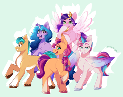 Size: 5073x4024 | Tagged: safe, artist:sunnysynopsis, imported from derpibooru, hitch trailblazer, izzy moonbow, pipp petals, sunny starscout, zipp storm, earth pony, pegasus, pony, unicorn, blue mane, blue tail, braid, brown eyes, brown hooves, coat markings, colored hooves, colored wings, concave belly, crown, cyan eyes, diadem, female, flying, folded wings, g5, gold hooves, green background, green eyes, group, hooves, horn, jewelry, looking at you, magenta hooves, male, mane five, mare, multicolored wings, multiple characters, open mouth, open smile, orange coat, pose, purple coat, purple eyes, purple mane, purple tail, raised hoof, regalia, sextet, signature, silver hooves, simple background, smiling, socks (coat markings), spread wings, stallion, tail, three toned wings, two toned mane, two toned tail, unshorn fetlocks, wings, yellow coat