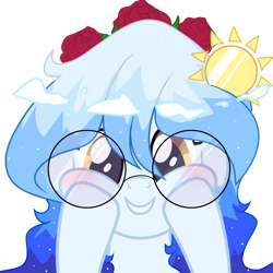 Size: 2048x2048 | Tagged: safe, artist:be_yourself, artist:cosmosloghy, imported from derpibooru, oc, oc only, oc:altersmay earth, pegasus, pony, blushing, bust, cloud, female, floppy ears, flower, flower in hair, glasses, happy, looking at you, older, older altersmay earth, planet ponies, ponified, portrait, rose, round glasses, simple background, solo, space ponies, touching face, transparent background