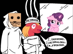 Size: 1080x804 | Tagged: safe, artist:tamers12345, imported from derpibooru, big macintosh, sugar belle, earth pony, pony, bondage, boykisser, brainwashing, crying, female, heart, heart eyes, male, mare, meme, ponified meme, stallion, straitjacket, wingding eyes