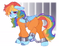 Size: 2048x1638 | Tagged: safe, artist:t_sugar_x, imported from derpibooru, rainbow dash, pegasus, pony, bound wings, butt, chained, chains, cheek fluff, clothes, commissioner:rainbowdash69, ear fluff, female, gritted teeth, jumpsuit, looking back, mare, multicolored hair, never doubt rainbowdash69's involvement, plot, prison outfit, prisoner, prisoner rd, rainbow hair, shackles, teeth, underhoof, unshorn fetlocks, wings