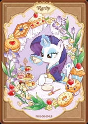 Size: 1284x1805 | Tagged: safe, imported from derpibooru, biscuit, rarity, pony, unicorn, afternoon tea, cake, chair, chocolate, clothes, cup, dessert, dress, flower, food, horn, kayou, looking down, magic, magic aura, merchandise, official, outfit, plate, sitting, solo, teacup, text