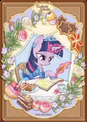 Size: 1284x1796 | Tagged: safe, imported from derpibooru, biscuit, twilight sparkle, pony, afternoon tea, book, bracelet, cake, chair, chocolate, clothes, crown, cup, dessert, dress, ear piercing, earring, flower, food, jewelry, kayou, looking down, magic, magic aura, merchandise, official, outfit, pen, piercing, plate, regalia, sitting, smiling, solo, teacup, text, writing