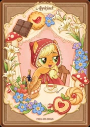 Size: 1284x1807 | Tagged: safe, imported from derpibooru, applejack, biscuit, little red, earth pony, pony, afternoon tea, alcohol, cake, chair, chocolate, clothes, cup, dessert, flower, food, kayou, little red riding hood, looking offscreen, merchandise, official, outfit, plate, sitting, solo, teacup, text, wine