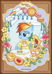 Size: 1283x1800 | Tagged: safe, imported from derpibooru, biscuit, rainbow dash, pegasus, pony, afternoon tea, bedroom eyes, cake, chair, chocolate, cloud, crown, cup, dessert, flower, food, jewelry, kayou, looking offscreen, merchandise, multicolored hair, official, outfit, plate, rainbow hair, regalia, sitting, smiling, solo, teacup, text