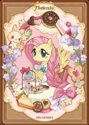 Size: 1283x1794 | Tagged: safe, imported from derpibooru, biscuit, fluttershy, pegasus, pony, afternoon tea, cake, chair, chocolate, cup, dessert, flower, flower in hair, food, kayou, merchandise, official, outfit, plate, sitting, smiling, solo, spread wings, teacup, text, wings