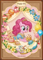 Size: 1284x1799 | Tagged: safe, imported from derpibooru, biscuit, pinkie pie, earth pony, pony, afternoon tea, cake, chair, chocolate, clothes, cup, dessert, dress, flower, food, kayou, looking offscreen, merchandise, official, outfit, plate, sitting, smiling, solo, teacup, teapot, text