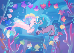 Size: 4132x2919 | Tagged: safe, artist:l211art, imported from derpibooru, izzy moonbow, fish, pony, sea pony, bracelet, destinizzy, destiny (g5), duo, duo female, female, friendship bracelet, g5, jewelry, lesbian, looking at each other, looking at someone, shipping, smiling, smiling at each other, underwater, water