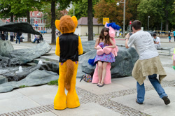 Size: 1600x1060 | Tagged: safe, artist:atalonthedeer, imported from derpibooru, firefly, oc, oc:tracy swift, human, 2015, fountain, fursuit, g1, galacon, irl, irl human, photo, ponysuit