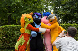 Size: 4928x3264 | Tagged: safe, artist:atalonthedeer, imported from derpibooru, daring do, firefly, nightmare moon, oc, oc:croc pony, oc:tracy swift, 2015, fursuit, g1, galacon, group, irl, outdoors, photo, ponysuit, quintet