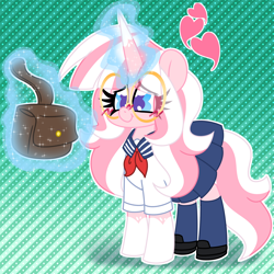 Size: 2000x2000 | Tagged: safe, artist:ladylullabystar, imported from derpibooru, oc, oc:lady lullaby star, pony, unicorn, bag, clothes, female, glasses, horn, magic, mare, saddle bag, school uniform, solo, uniform