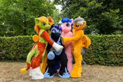 Size: 4928x3264 | Tagged: safe, artist:atalonthedeer, imported from derpibooru, daring do, firefly, nightmare moon, oc, oc:croc pony, oc:tracy swift, 2015, fursuit, g1, galacon, group, irl, outdoors, photo, ponysuit, quintet