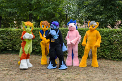 Size: 4323x2863 | Tagged: safe, artist:atalonthedeer, imported from derpibooru, daring do, firefly, nightmare moon, oc, oc:croc pony, oc:tracy swift, 2015, fursuit, g1, galacon, group, irl, outdoors, photo, ponysuit, quintet