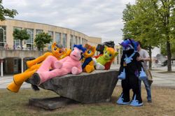 Size: 4928x3264 | Tagged: safe, artist:atalonthedeer, imported from derpibooru, daring do, firefly, nightmare moon, oc, oc:croc pony, oc:tracy swift, 2015, fursuit, g1, galacon, group, irl, outdoors, photo, ponysuit, quintet