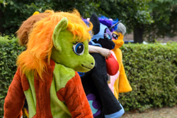 Size: 4928x3264 | Tagged: safe, artist:atalonthedeer, imported from derpibooru, daring do, firefly, nightmare moon, oc, oc:croc pony, oc:tracy swift, 2015, fursuit, g1, galacon, group, irl, outdoors, photo, ponysuit, quintet