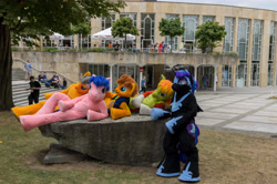 Size: 4928x3264 | Tagged: safe, artist:atalonthedeer, imported from derpibooru, daring do, firefly, nightmare moon, oc, oc:croc pony, oc:tracy swift, 2015, fursuit, g1, galacon, group, irl, outdoors, photo, ponysuit, quintet