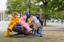 Size: 4928x3264 | Tagged: safe, artist:atalonthedeer, imported from derpibooru, daring do, firefly, nightmare moon, oc, oc:croc pony, oc:tracy swift, 2015, fursuit, g1, galacon, group, irl, outdoors, photo, ponysuit, quintet