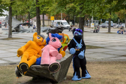 Size: 4928x3264 | Tagged: safe, artist:atalonthedeer, imported from derpibooru, daring do, firefly, nightmare moon, oc, oc:croc pony, oc:tracy swift, 2015, fursuit, g1, galacon, group, irl, outdoors, photo, ponysuit, quintet