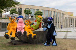 Size: 4928x3264 | Tagged: safe, artist:atalonthedeer, imported from derpibooru, daring do, firefly, nightmare moon, oc, oc:croc pony, oc:tracy swift, 2015, fursuit, g1, galacon, group, irl, outdoors, photo, ponysuit, quintet