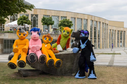 Size: 4928x3264 | Tagged: safe, artist:atalonthedeer, imported from derpibooru, daring do, firefly, nightmare moon, oc, oc:croc pony, oc:tracy swift, 2015, fursuit, g1, galacon, group, irl, outdoors, photo, ponysuit, quintet