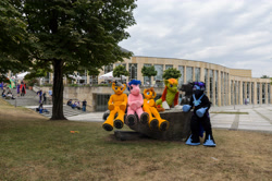 Size: 4928x3264 | Tagged: safe, artist:atalonthedeer, imported from derpibooru, daring do, firefly, nightmare moon, oc, oc:croc pony, oc:tracy swift, 2015, fursuit, g1, galacon, group, irl, outdoors, photo, ponysuit, quintet