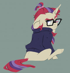 Size: 3130x3268 | Tagged: safe, artist:chub-wub, imported from derpibooru, moondancer, pony, unicorn, clothes, female, floppy ears, glasses, high res, horn, looking at you, looking back, looking back at you, mare, sitting, solo, sweater