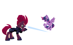 Size: 1920x1200 | Tagged: safe, artist:puzzlshield2, imported from derpibooru, tempest shadow, twilight sparkle, alicorn, pony, unicorn, my little pony: the movie, 3d, 3d render, armor, blast, concave belly, duo, female, fight, flying, guardians of harmony, height difference, horn, laser, magic, magic blast, mmd, physique difference, png, recreation, simple background, slender, thin, toy, transparent background, twilight sparkle (alicorn), wings