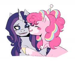 Size: 1700x1400 | Tagged: safe, artist:slapearl, imported from derpibooru, pinkie pie, rarity, earth pony, pony, unicorn, alternate hairstyle, blushing, cheek kiss, clown, clown makeup, duo, duo female, eyes closed, eyeshadow, female, grin, hat, horn, hug, kissing, lesbian, lipstick, makeup, mare, markings, multicolored hair, one eye closed, party hat, raripie, redesign, shipping, simple background, smiling, unshorn fetlocks, white background, wink