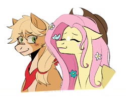 Size: 1650x1300 | Tagged: safe, artist:slapearl, imported from derpibooru, applejack, fluttershy, butterfly, earth pony, pegasus, pony, accessory theft, alternate hairstyle, applejack's hat, appleshy, band-aid on nose, bandaid, bandana, cowboy hat, duo, duo female, eyes closed, female, flower, flower in hair, freckles, hat, lesbian, lipstick, mare, markings, redesign, shipping, simple background, white background