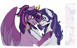 Size: 1600x1000 | Tagged: safe, artist:slapearl, imported from derpibooru, rarity, spike, twilight sparkle, alicorn, dragon, pony, alternate hairstyle, blushing, crown, duo, duo female, eyeshadow, female, hug, jewelry, lesbian, lipstick, looking at each other, looking at someone, makeup, male, mare, markings, multicolored hair, rarilight, redesign, regalia, shipping, simple background, twilight sparkle (alicorn), unshorn fetlocks, white background