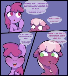 Size: 1828x2048 | Tagged: safe, artist:eltrash_art6, imported from derpibooru, berry punch, berryshine, cheerilee, earth pony, pony, comic:a crazy night, berrilee, blushing, comic, crying, duo, duo female, eyes closed, female, lesbian, mare, open mouth, shipping, spanish, translation