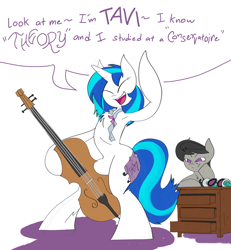 Size: 4800x5200 | Tagged: safe, artist:ponny, imported from derpibooru, dj pon-3, octavia melody, vinyl scratch, earth pony, pony, unicorn, armpits, bipedal, cello, chest fluff, colored, eyes closed, female, grumpy, horn, mare, musical instrument, octavia is not amused, paper, pouting, pouty lips, speech bubble, tape, text, unamused