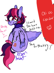 Size: 554x750 | Tagged: safe, artist:arsonrabbit, imported from derpibooru, oc, oc only, oc:featherbrain, pegasus, pony, clothes, digital art, doodle, female, mare, pegasus oc, pink hair, pink mane, pink tail, purple coat, raised hoof, red eyes, scarf, signature, simple background, sitting, solo, tail, text, white background, wings