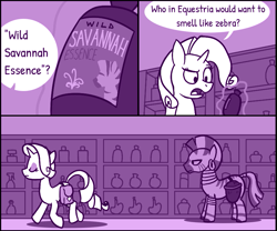 Size: 857x713 | Tagged: safe, imported from derpibooru, rarity, zecora, pony, unicorn, zebra, horn, pony racism, shampoo, store, unamused, zecora is not amused