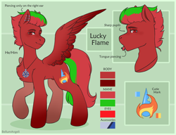 Size: 3900x3000 | Tagged: safe, artist:bellumangeli, imported from derpibooru, oc, oc only, oc:lucky flame, pegasus, chest fluff, colored wings, ear fluff, ear piercing, gradient wings, jewelry, looking back, male, necklace, pegasus oc, piercing, reference, reference sheet, solo, solo male, tongue out, tongue piercing, wings