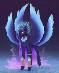 Size: 3250x4000 | Tagged: safe, artist:dreamyrat, imported from derpibooru, oc, oc only, pegasus, pony, armor, blue eyes, colored wings, commission, ear fluff, ear piercing, earring, female, four wings, halo, jewelry, long legs, magic, magic aura, mare, moon, multiple wings, necklace, pegasus oc, piercing, purple mane, solo, space, spread wings, standing, tail, tall, two toned mane, two toned tail, two toned wings, water, wings